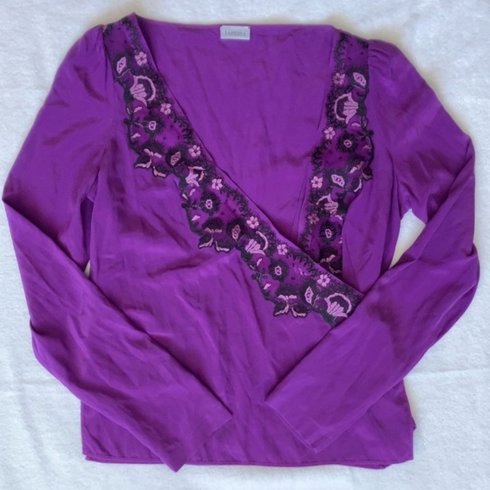 La Perla Purple Embellished Long Sleeve Silk Cropped Blouse